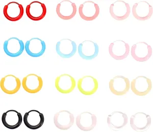 12 Pairs Plastic Hoop Earrings for Women Colorful Anti-Allergy Unisex Cute Plastic Hoop Ear Retainers Nose Rings With Buckle for Sensitive Ears and Skin