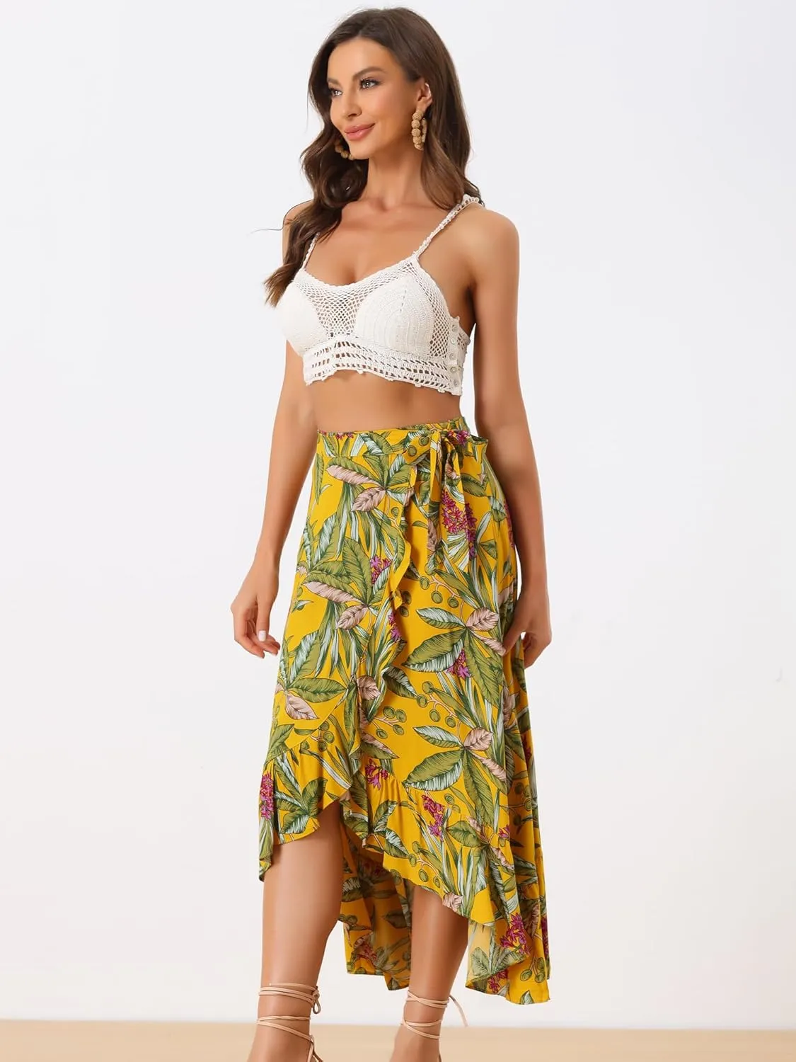 Allegra K Women's Tropical Floral Print Ruffle Self Tie Knot Split Beach Hawaiian Wrap Skirt