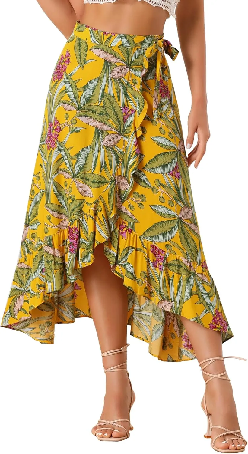 Allegra K Women's Tropical Floral Print Ruffle Self Tie Knot Split Beach Hawaiian Wrap Skirt
