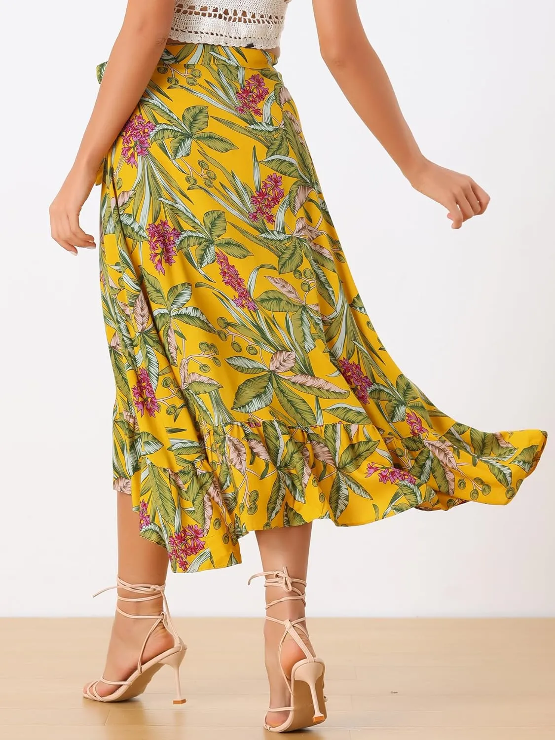 Allegra K Women's Tropical Floral Print Ruffle Self Tie Knot Split Beach Hawaiian Wrap Skirt
