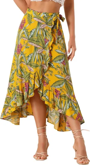 Allegra K Women's Tropical Floral Print Ruffle Self Tie Knot Split Beach Hawaiian Wrap Skirt