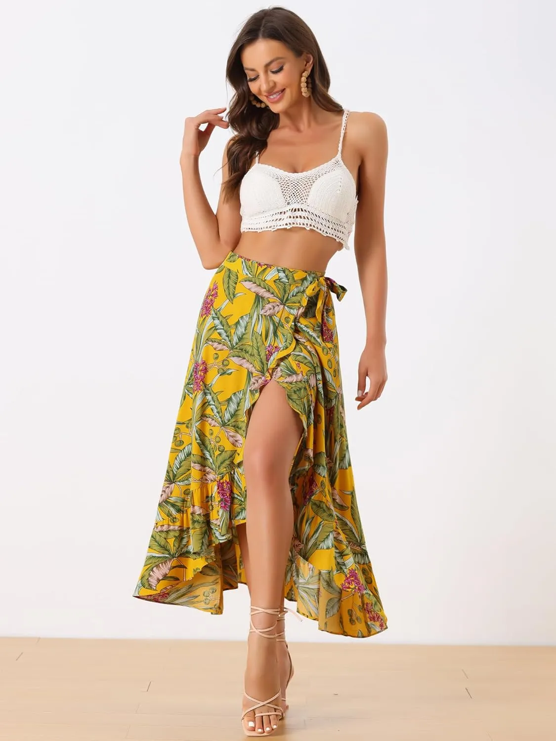 Allegra K Women's Tropical Floral Print Ruffle Self Tie Knot Split Beach Hawaiian Wrap Skirt