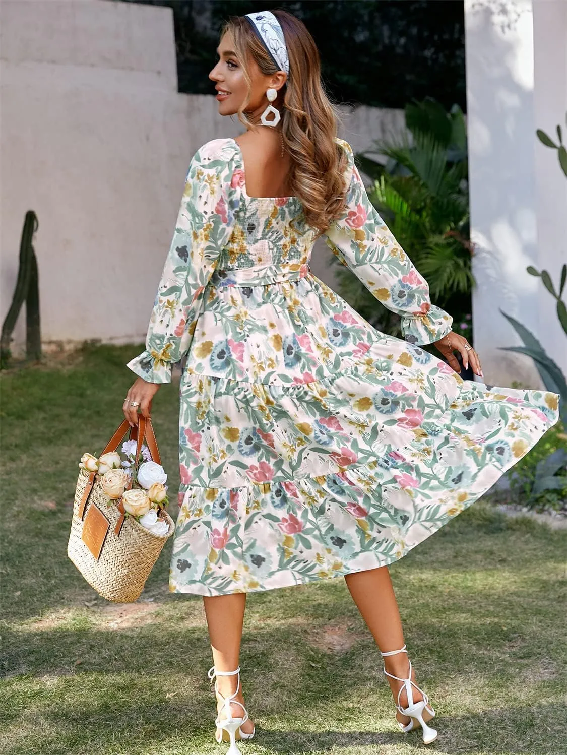 Amegoya Women's Boho Flowy Long Sleeve Square Neck Floral Midi Dress Smocked Spring Fall Wedding Guest Dresses