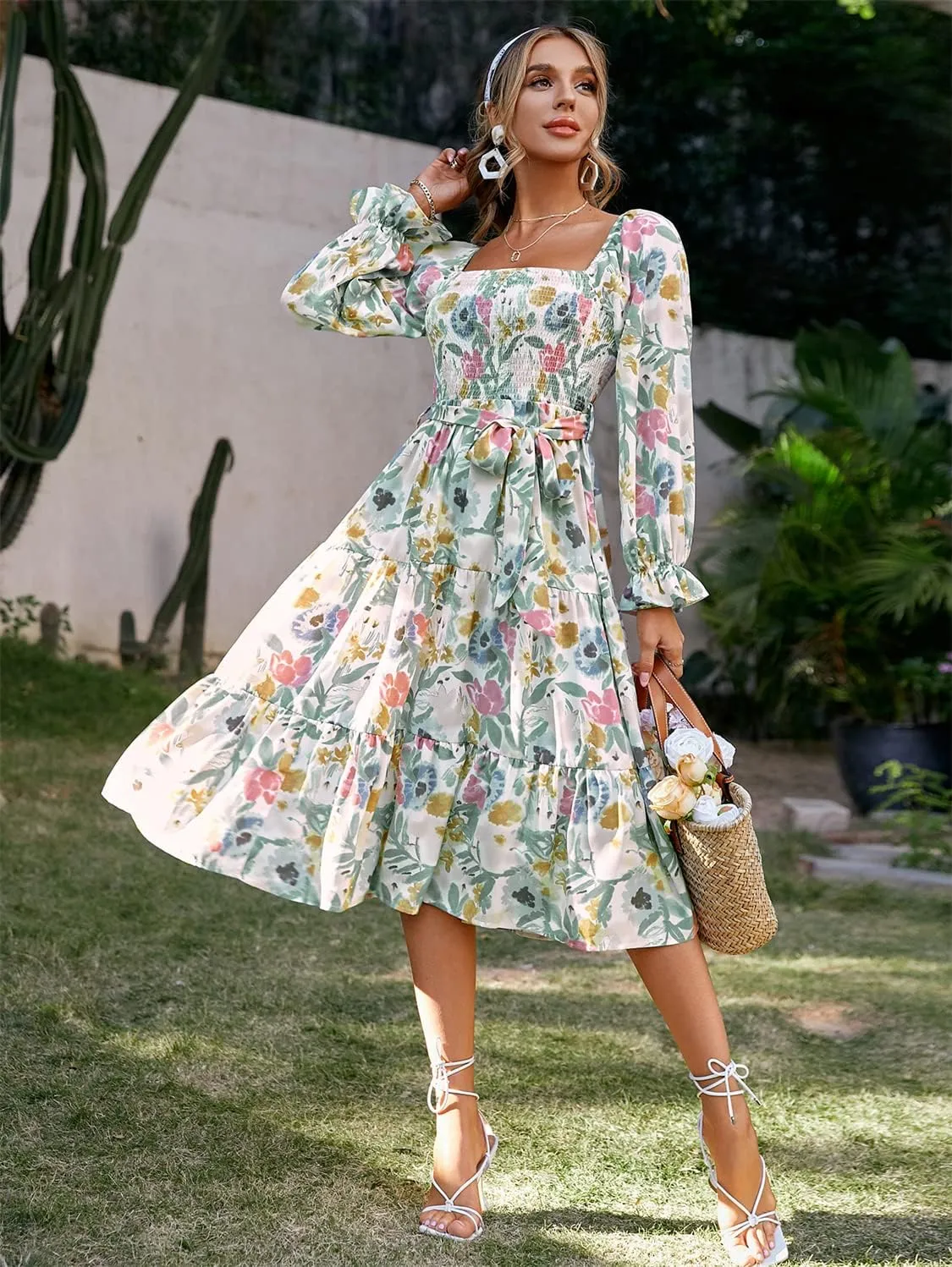 Amegoya Women's Boho Flowy Long Sleeve Square Neck Floral Midi Dress Smocked Spring Fall Wedding Guest Dresses