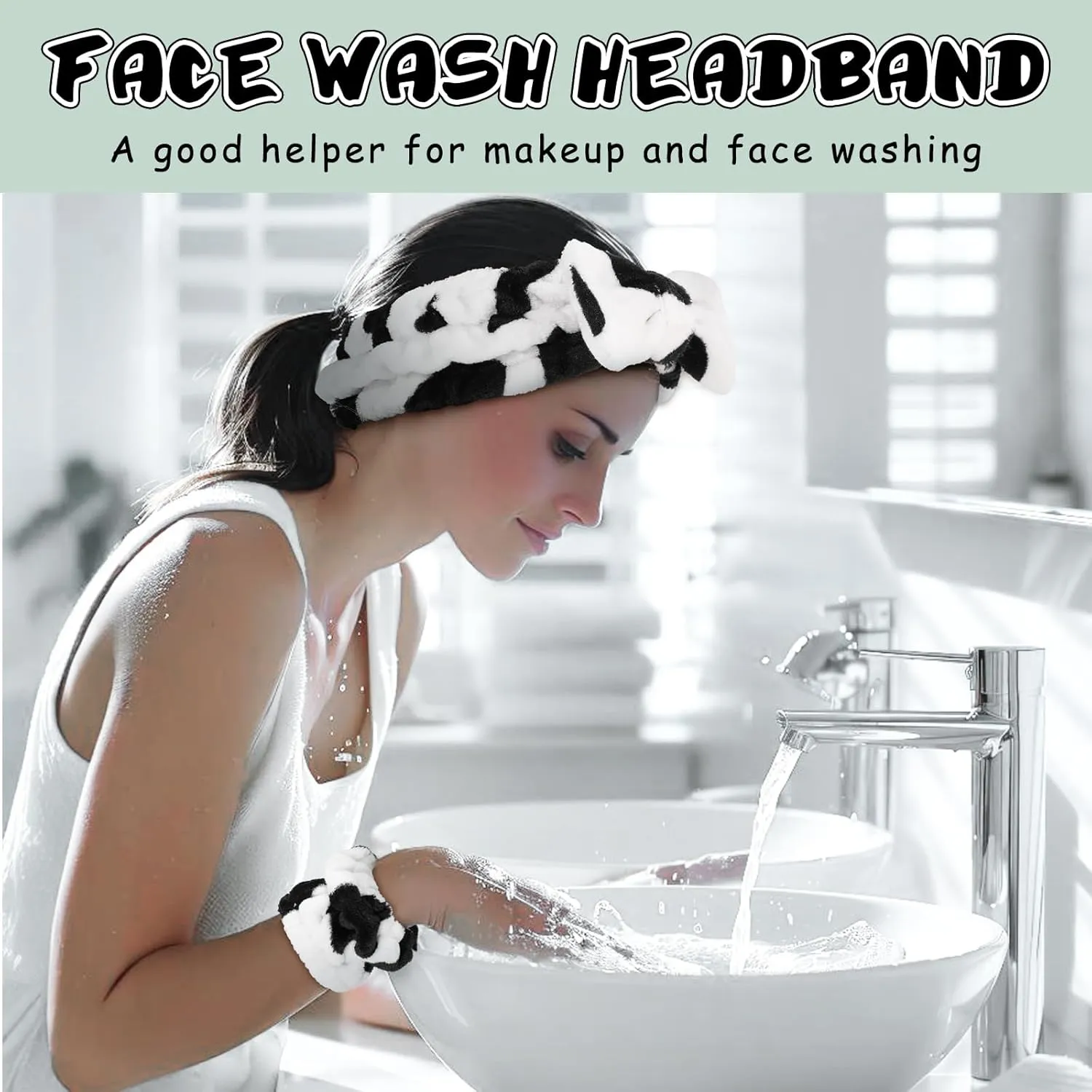 BESARME 3-Piece Face Wash Set - Spa Headband & Wrist Bands for Women's Skin Care (Cow Color)