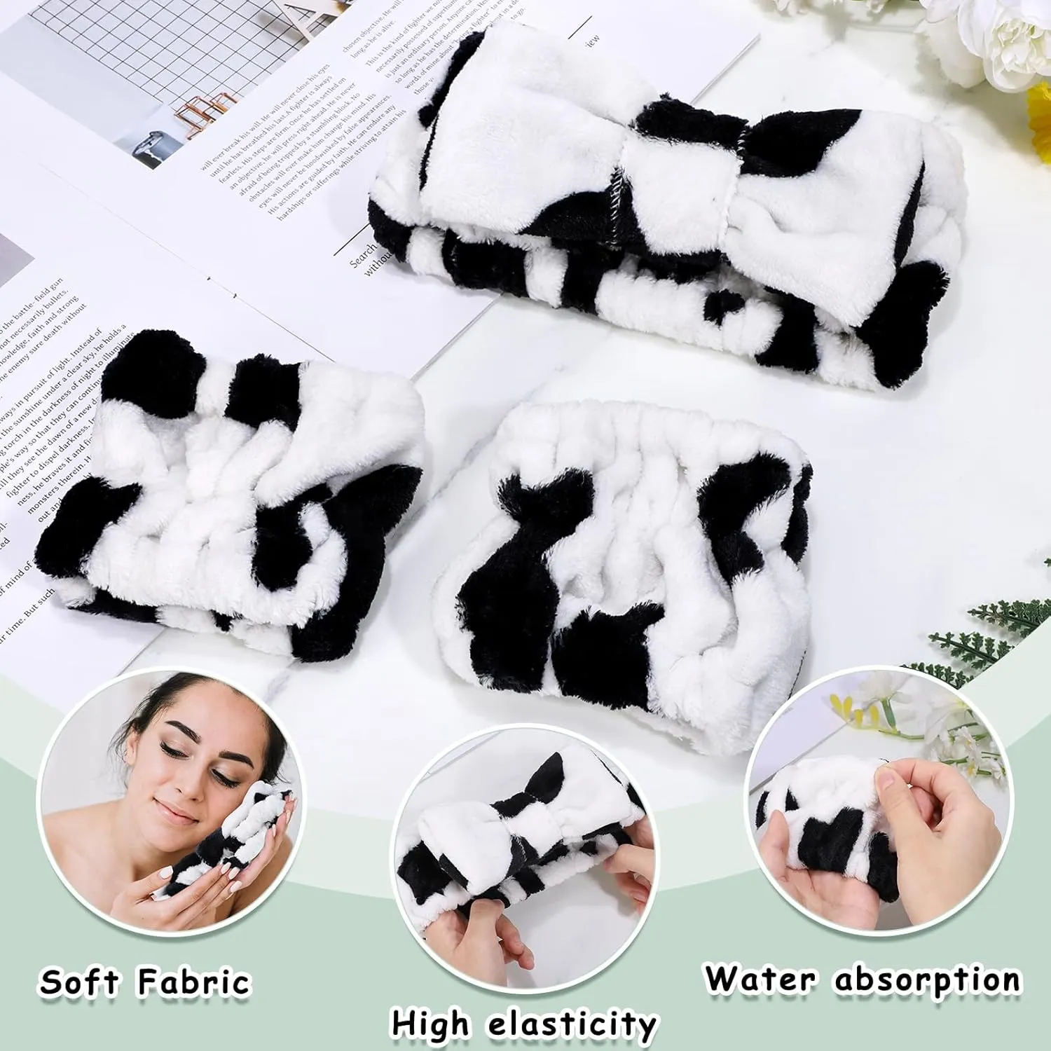 BESARME 3-Piece Face Wash Set - Spa Headband & Wrist Bands for Women's Skin Care (Cow Color)