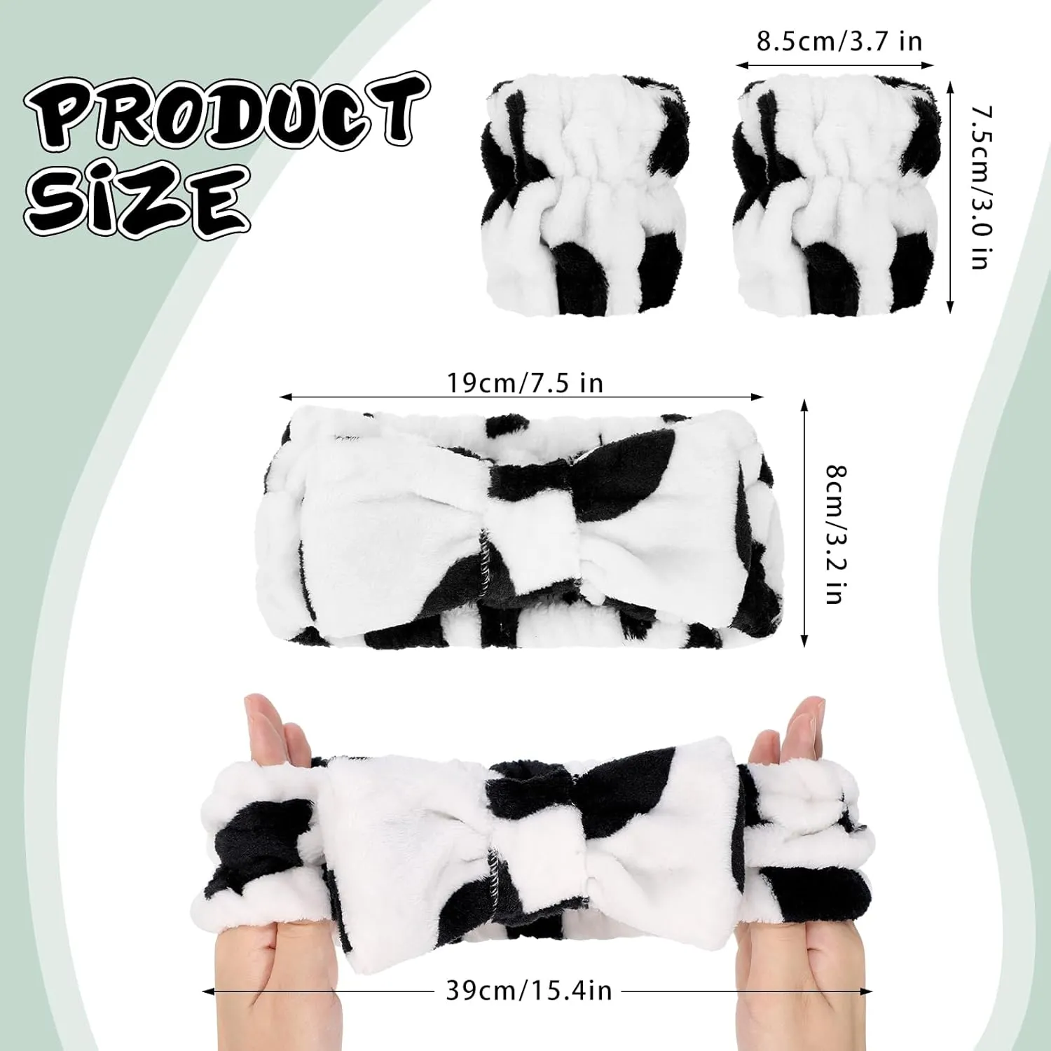 BESARME 3-Piece Face Wash Set - Spa Headband & Wrist Bands for Women's Skin Care (Cow Color)