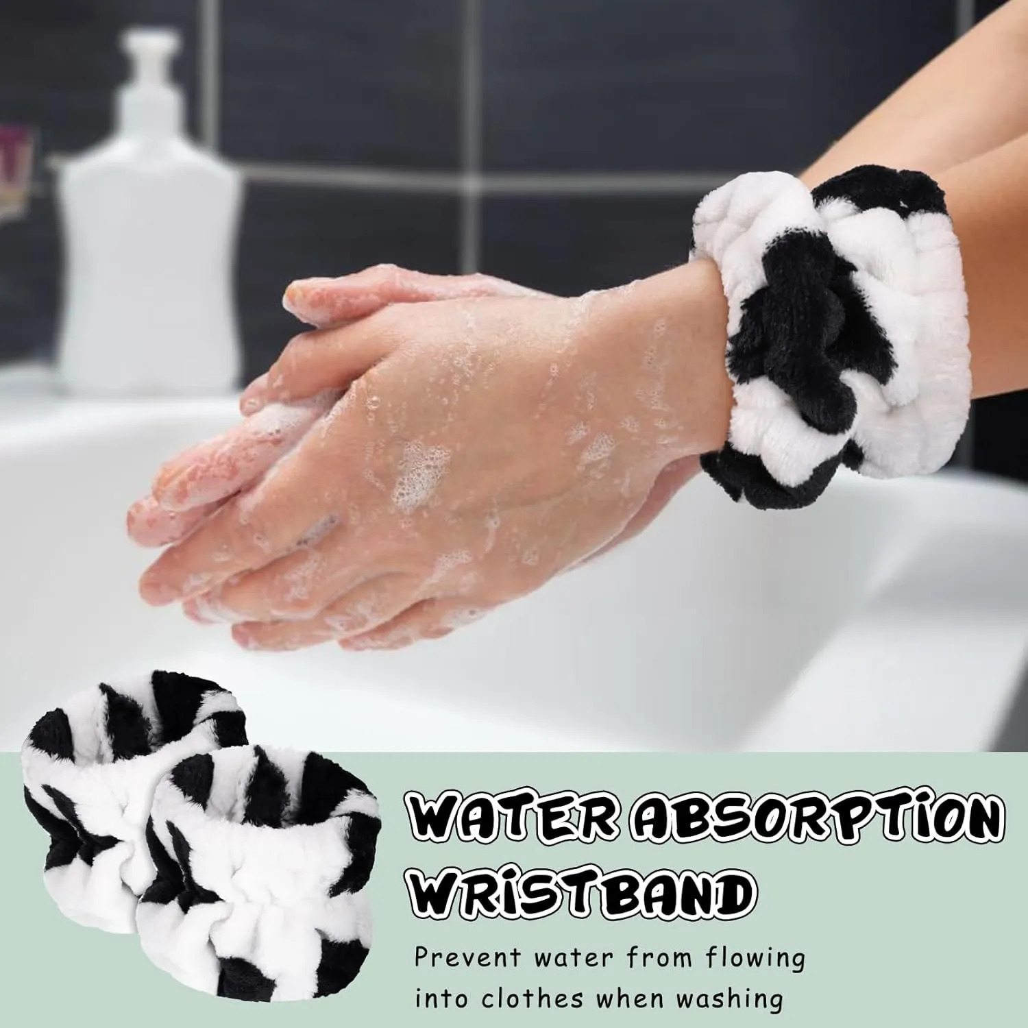 BESARME 3-Piece Face Wash Set - Spa Headband & Wrist Bands for Women's Skin Care (Cow Color)