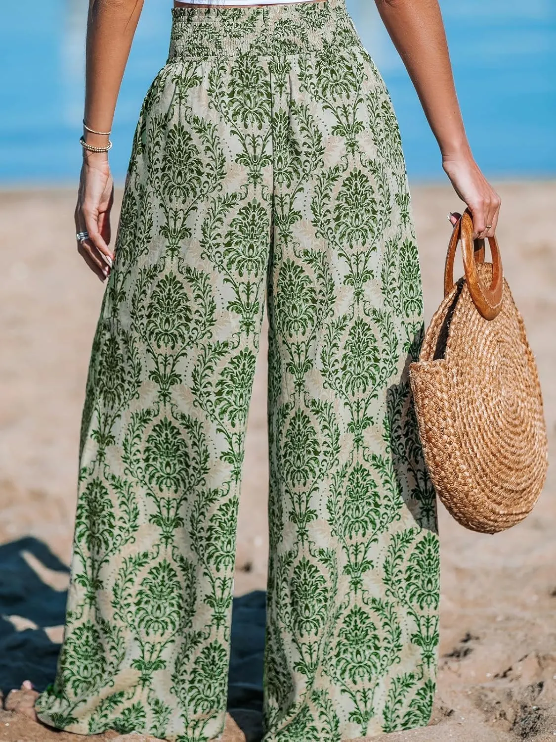 CUPSHE Womens Wide Leg Pants Elastic High Waisted Beach Trousers Cotton Linen Summer Palazzo