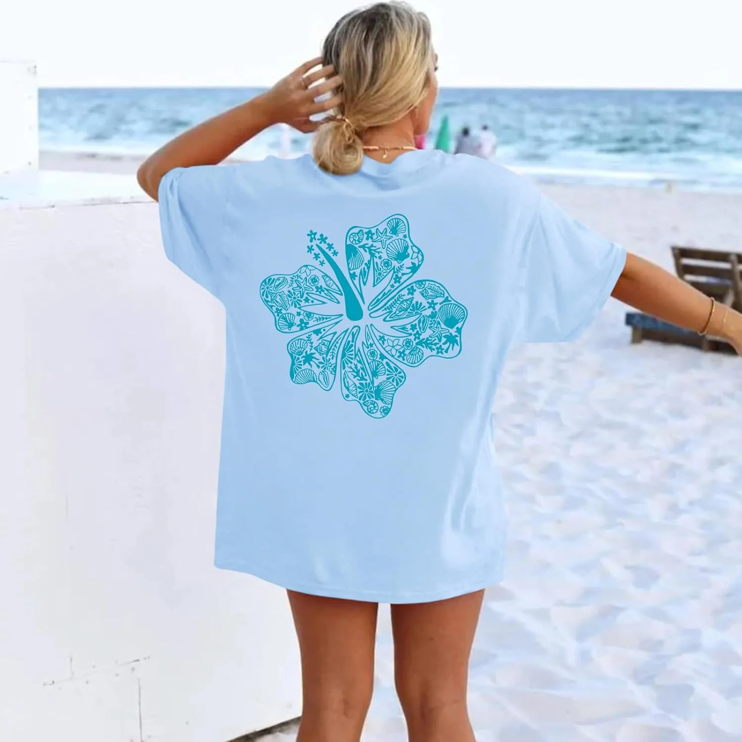 Hawaiian T Shirts for Women Oversized Aesthetic Hibiscus Flower Beach Shirt Teens Preppy Tropical Graphic Tee Tops