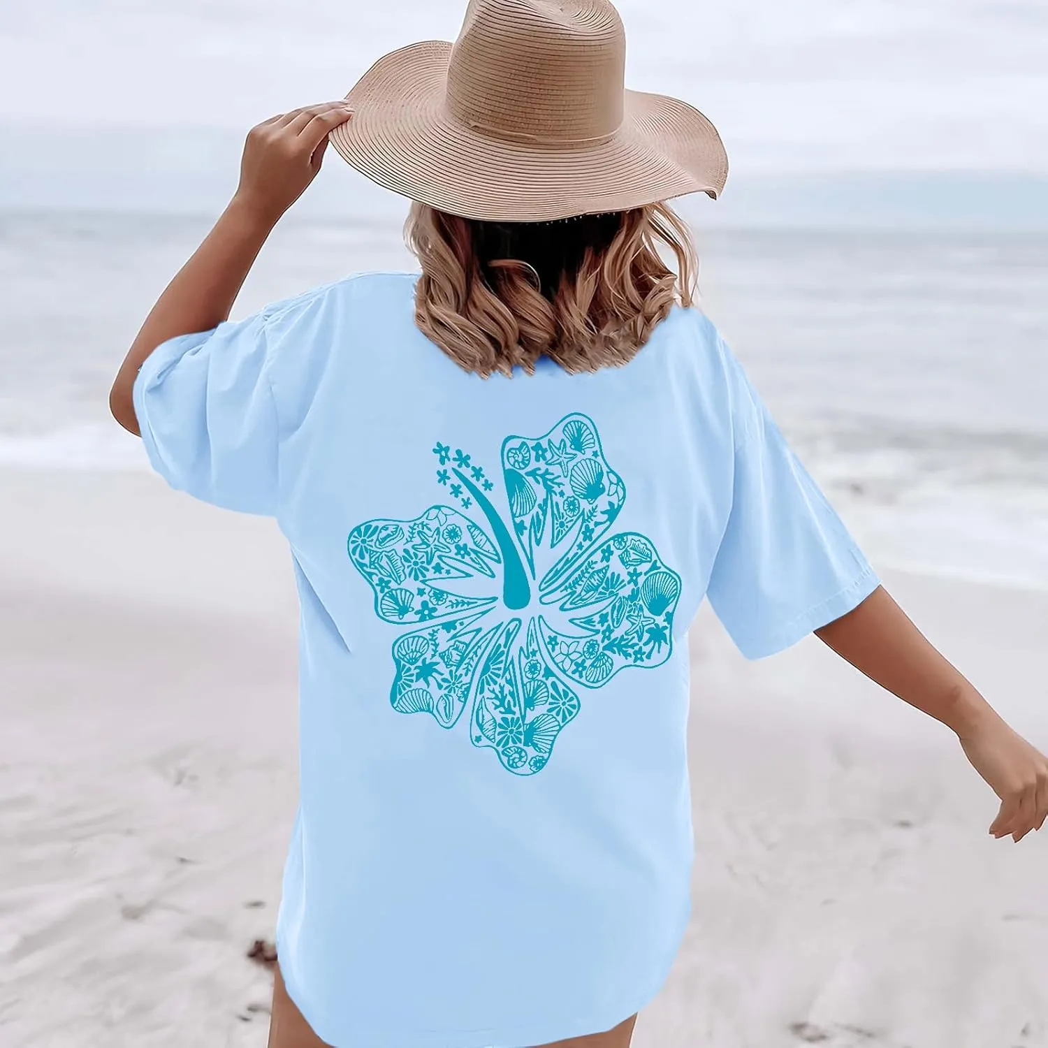 Hawaiian T Shirts for Women Oversized Aesthetic Hibiscus Flower Beach Shirt Teens Preppy Tropical Graphic Tee Tops