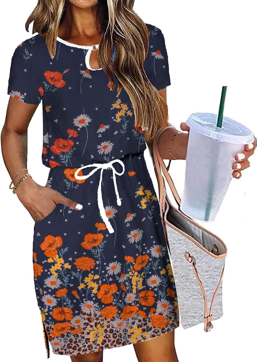 HOTOUCH Dresses for Women 2025 Summer Casual Beach Sundress Short Sleeve Shift Dress O Neck T-Shirt Dress with Pockets