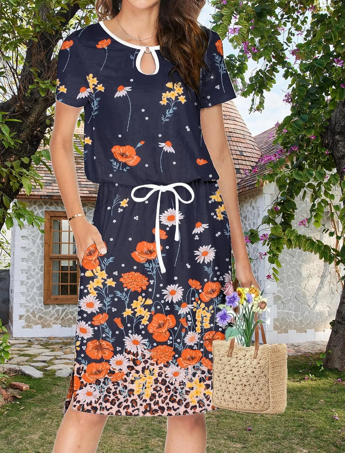 HOTOUCH Dresses for Women 2025 Summer Casual Beach Sundress Short Sleeve Shift Dress O Neck T-Shirt Dress with Pockets