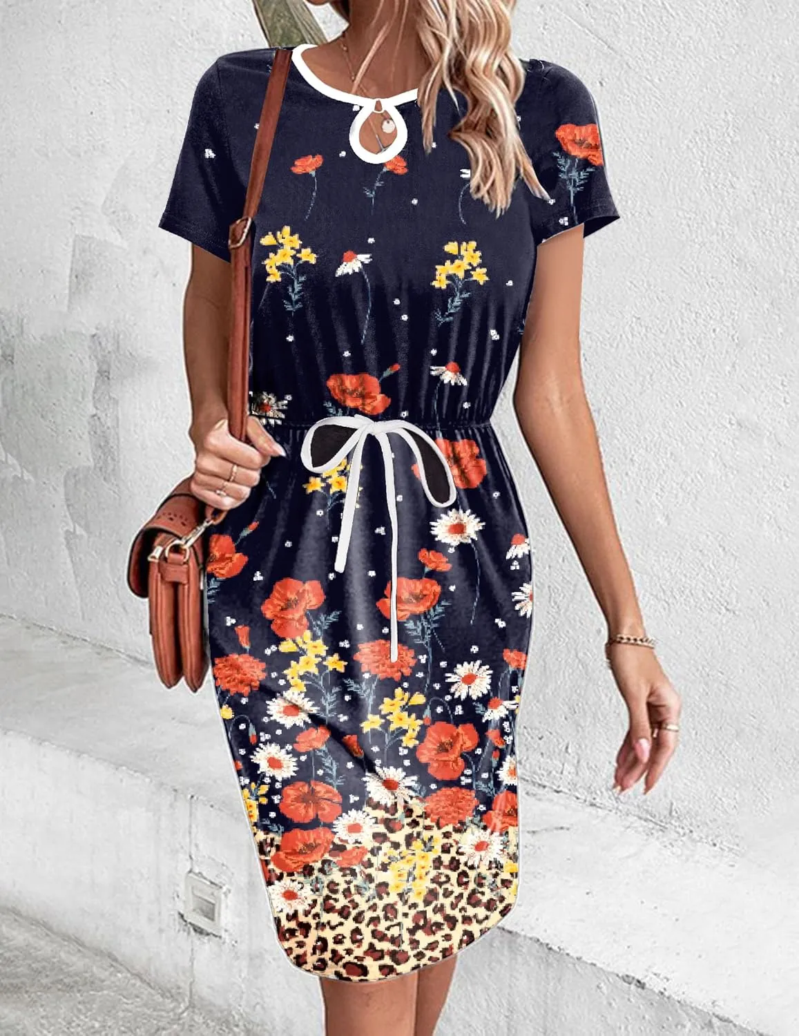 HOTOUCH Dresses for Women 2025 Summer Casual Beach Sundress Short Sleeve Shift Dress O Neck T-Shirt Dress with Pockets