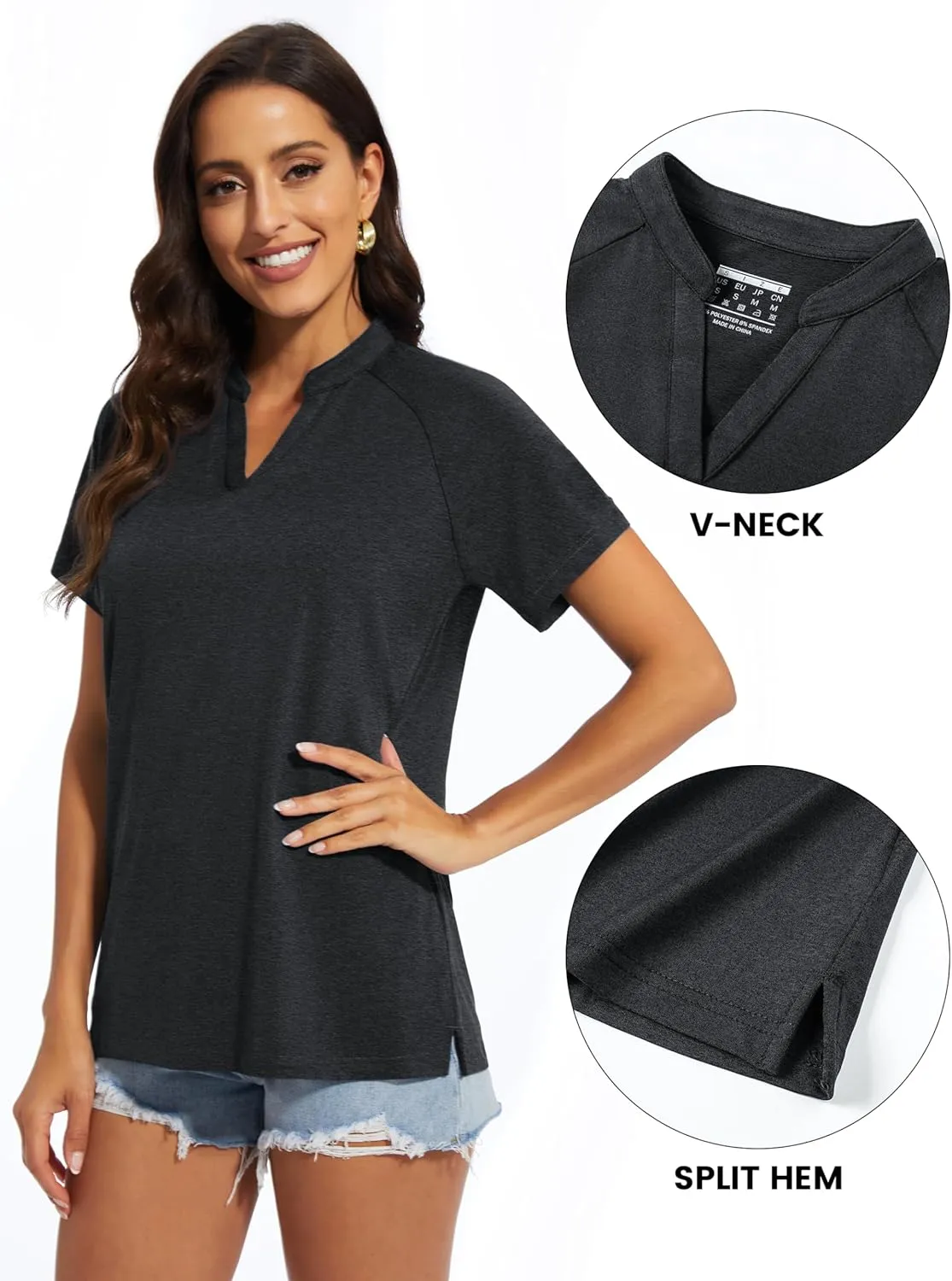 MAGCOMSEN Women's Polo Shirts V Neck UPF 50  Short Sleeve T Shirts Collarless Sun Protection Quick Dry Golf Tennis Tops