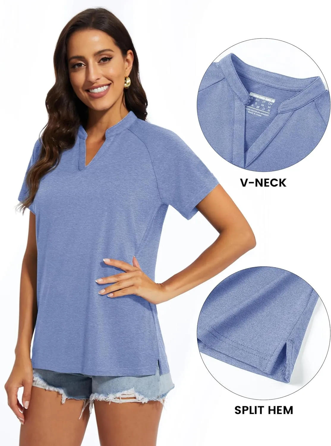 MAGCOMSEN Women's Polo Shirts V Neck UPF 50  Short Sleeve T Shirts Collarless Sun Protection Quick Dry Golf Tennis Tops