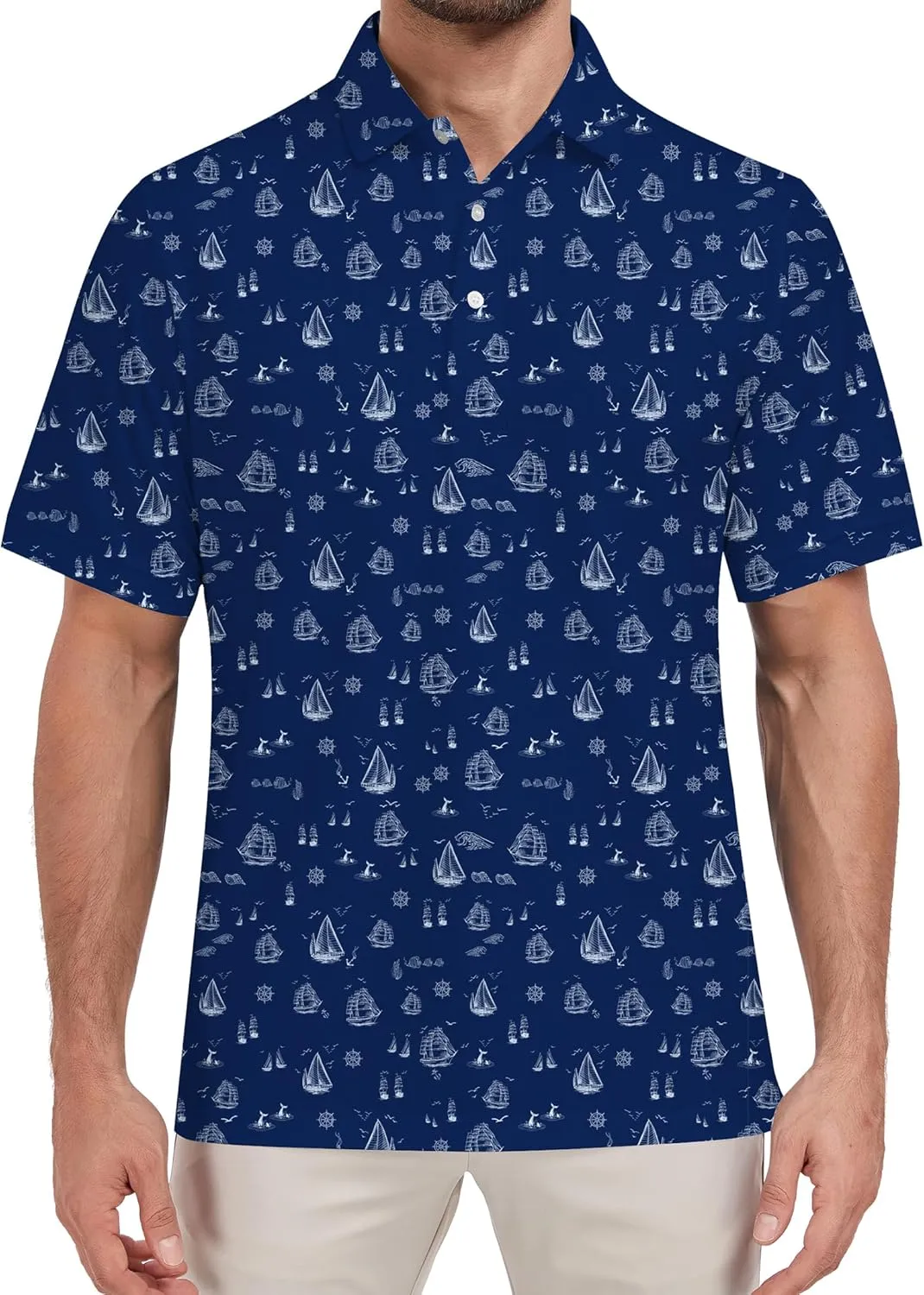 Mens Golf Shirt Printed Regular Fit Moisture Wicking Short Sleeve Performance Polo Shirt (S - 4XL)