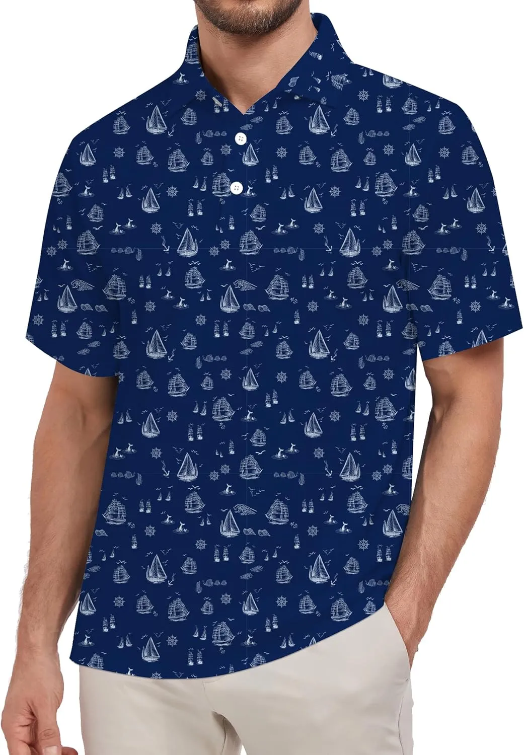 Mens Golf Shirt Printed Regular Fit Moisture Wicking Short Sleeve Performance Polo Shirt (S - 4XL)