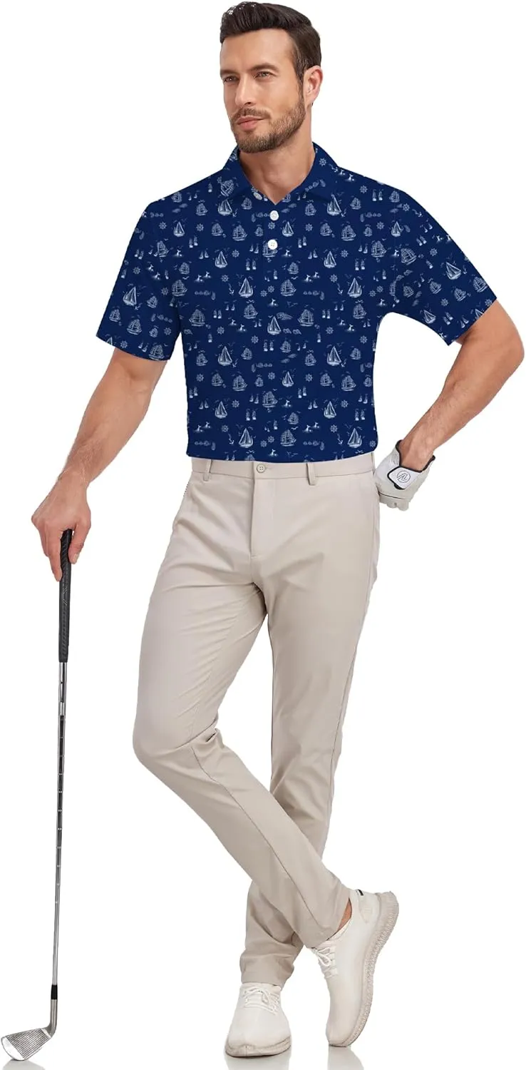 Mens Golf Shirt Printed Regular Fit Moisture Wicking Short Sleeve Performance Polo Shirt (S - 4XL)