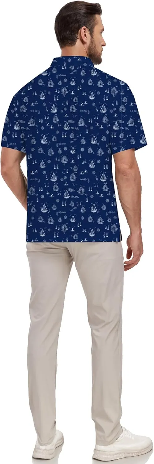 Mens Golf Shirt Printed Regular Fit Moisture Wicking Short Sleeve Performance Polo Shirt (S - 4XL)