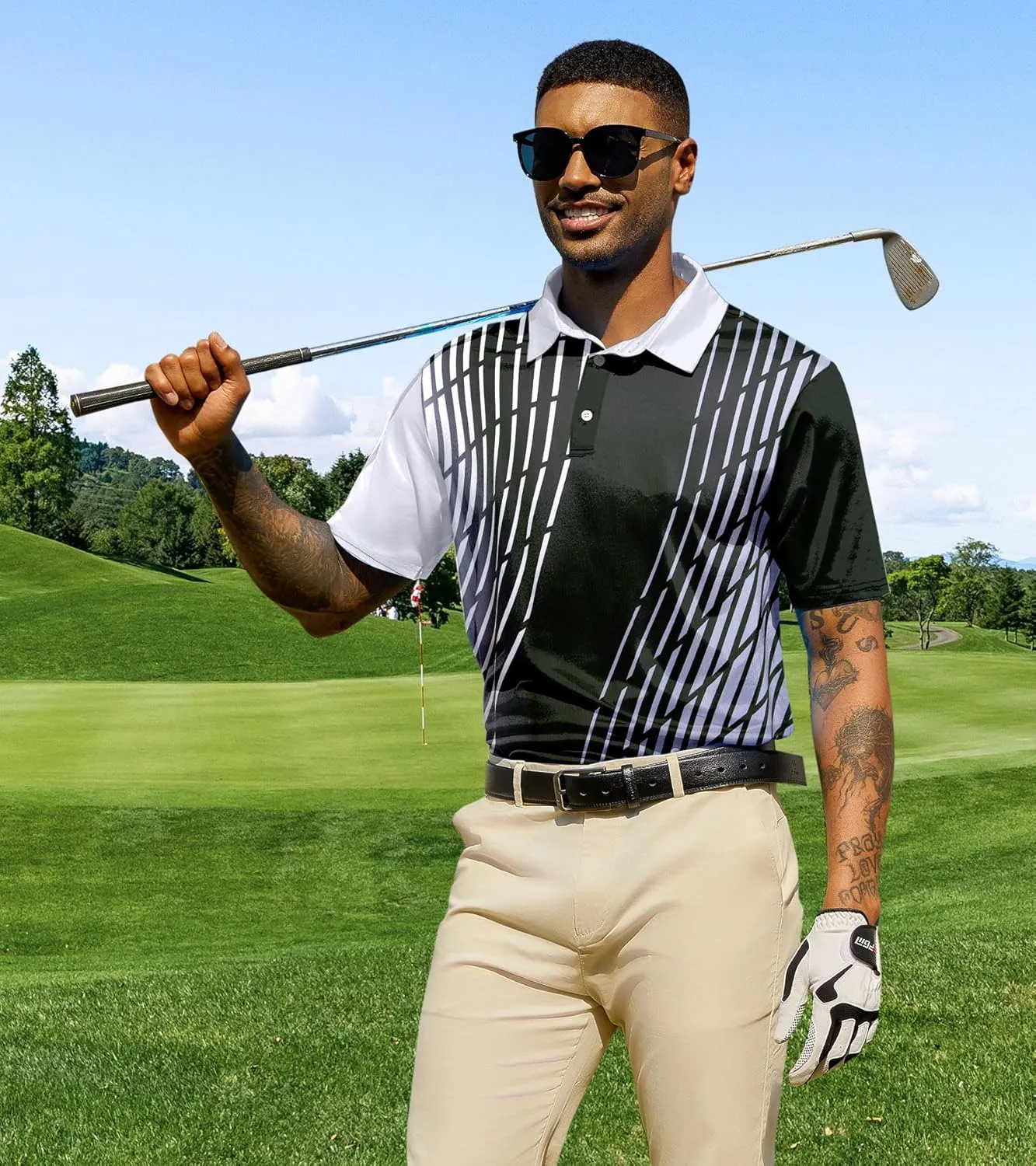Mens Golf Shirts Short Sleeve Dry Fit Athletic Moisture Wicking Golf Polo Performance Printed Collared Polos