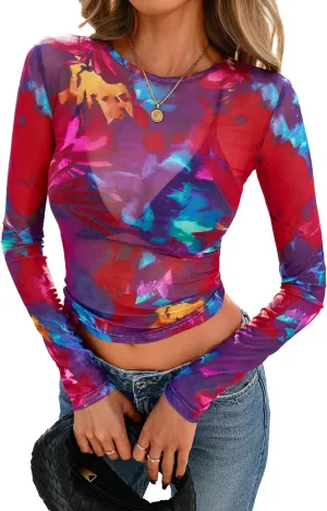 PRETTYGARDEN Womens Mesh Long Sleeve Top 2025 Trendy Spring See Through Sheer Blouse Leopard Fitted Going Out Layering Shirts