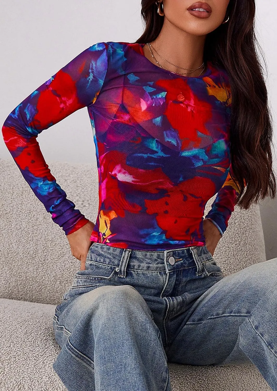 PRETTYGARDEN Womens Mesh Long Sleeve Top 2025 Trendy Spring See Through Sheer Blouse Leopard Fitted Going Out Layering Shirts