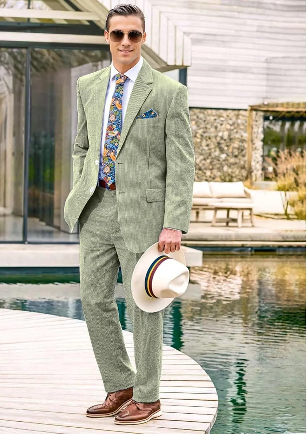 Seersucker Mens Suit 2 Piece Slim Fit Stripe Suits Tuxedo Blazer Jackets Pants Set Summer Beach Wedding Outfit for Men