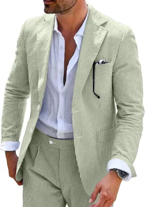 Seersucker Mens Suit 2 Piece Slim Fit Stripe Suits Tuxedo Blazer Jackets Pants Set Summer Beach Wedding Outfit for Men