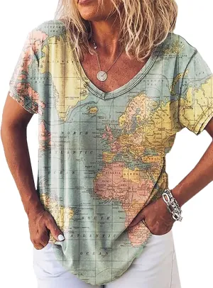 Summer Women's World Map V-Neck Short Sleeve T-Shirt Vintage Pattern Fashion 3D Print Oversized Loose Casual Top
