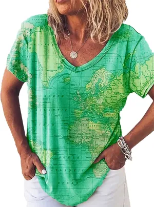 Summer Women's World Map V-Neck Short Sleeve T-Shirt Vintage Pattern Fashion 3D Print Oversized Loose Casual Top