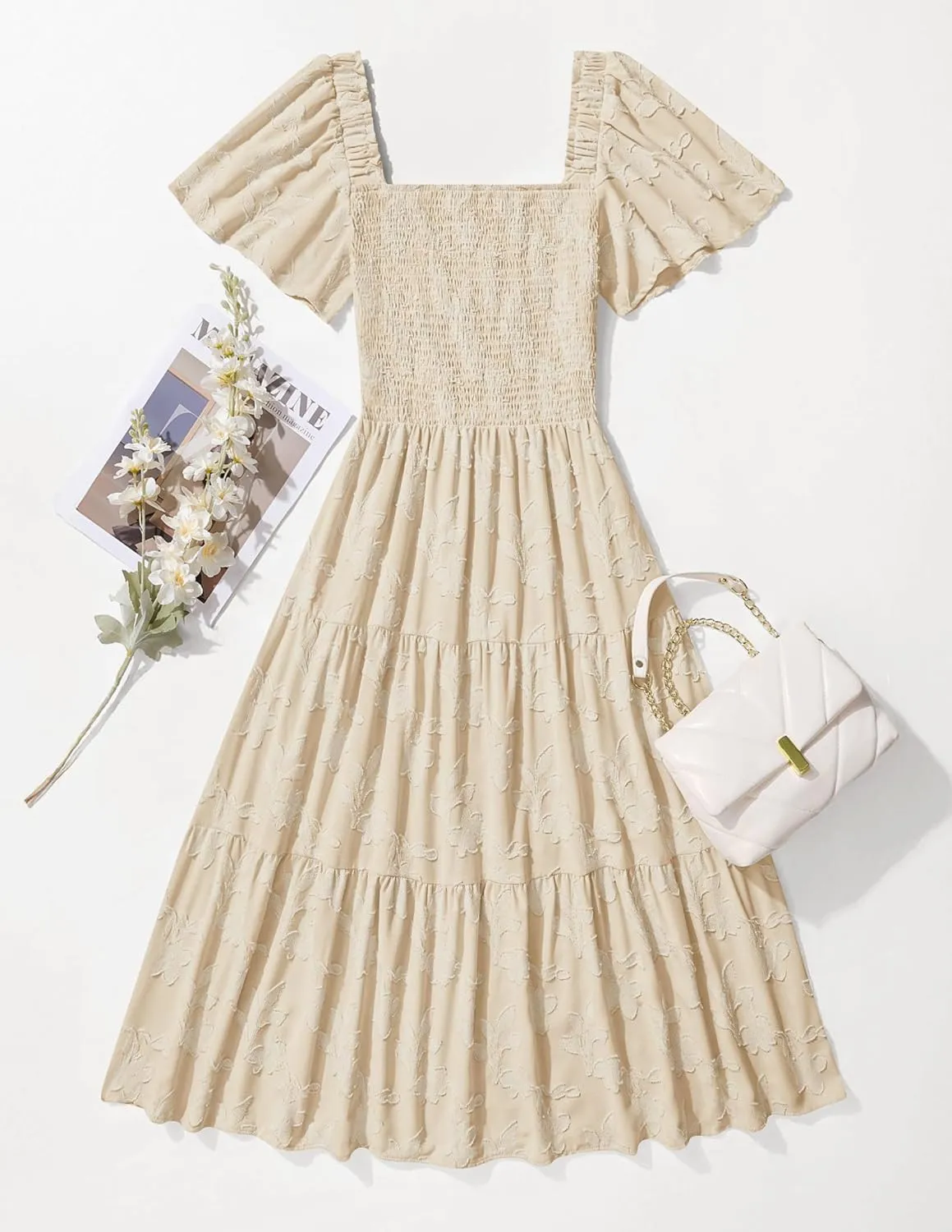 ZESICA Women's Summer Boho Floral Midi Dresses 2025 Casual Short Sleeve Square Neck Flowy Beach Vacation Long Dress