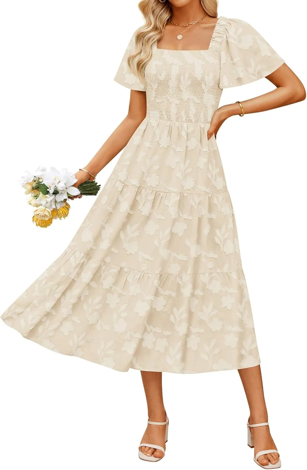 ZESICA Women's Summer Boho Floral Midi Dresses 2025 Casual Short Sleeve Square Neck Flowy Beach Vacation Long Dress