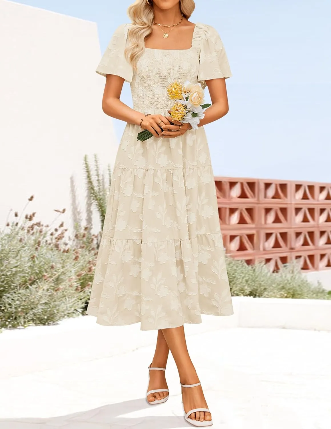 ZESICA Women's Summer Boho Floral Midi Dresses 2025 Casual Short Sleeve Square Neck Flowy Beach Vacation Long Dress