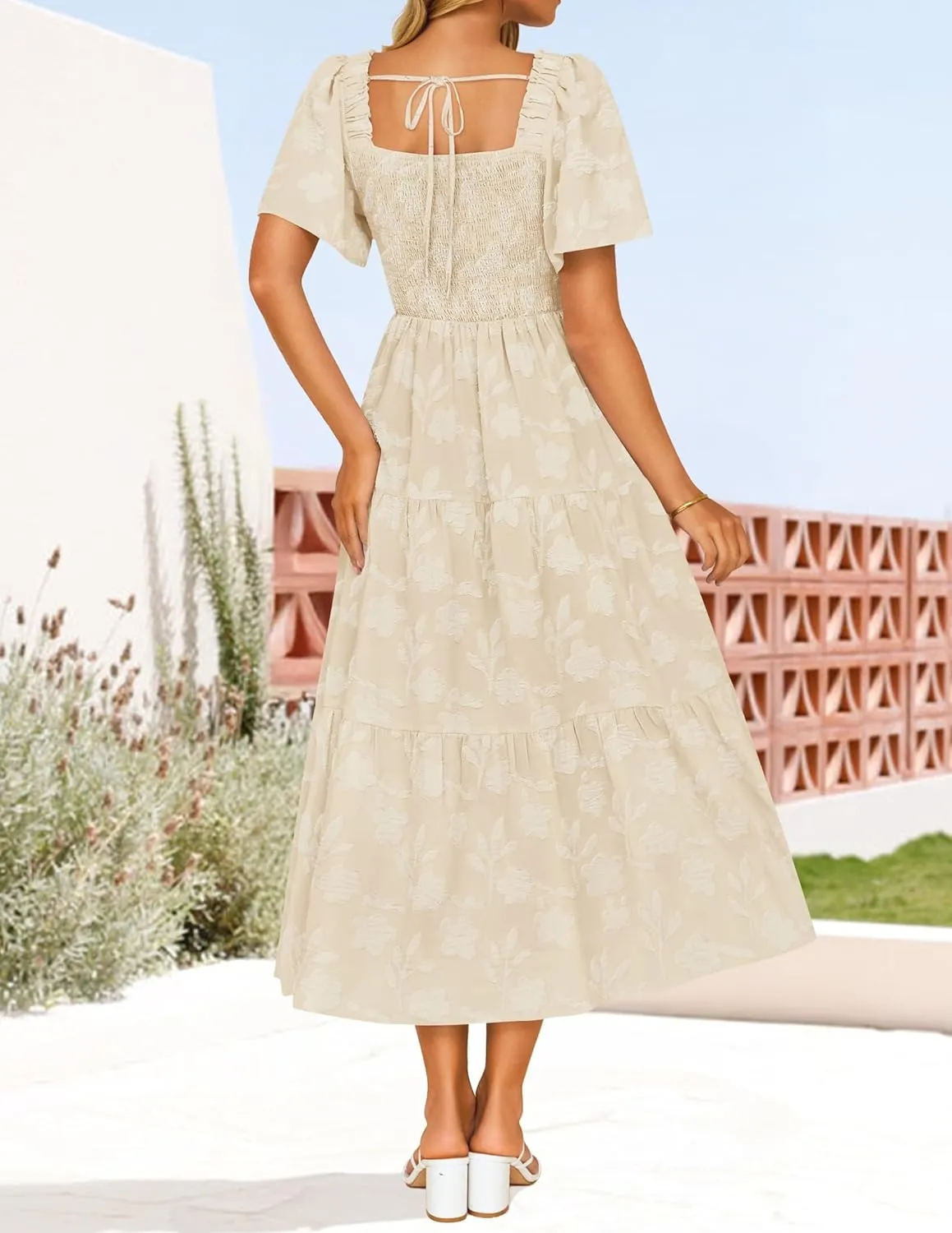 ZESICA Women's Summer Boho Floral Midi Dresses 2025 Casual Short Sleeve Square Neck Flowy Beach Vacation Long Dress