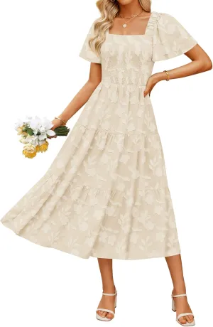 ZESICA Women's Summer Boho Floral Midi Dresses 2025 Casual Short Sleeve Square Neck Flowy Beach Vacation Long Dress